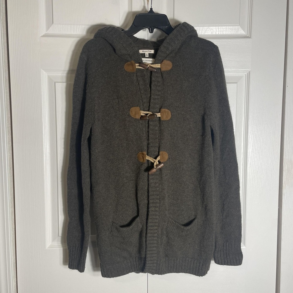Massimo‎ Dutti Sweater Women XL Brown Wool Cashmere Toggle Hooded Cardigan